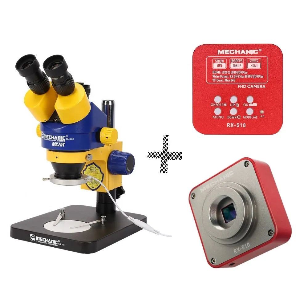 Binocular Microscope With MICROSCOPE REPAIRMAN R75T View tube Binocular-trinocular Zoom ratio 1-6.4 Eyepiece WF10X (​20mm) Objective 0.7-4.5X Magnification (Optional) 7-45X