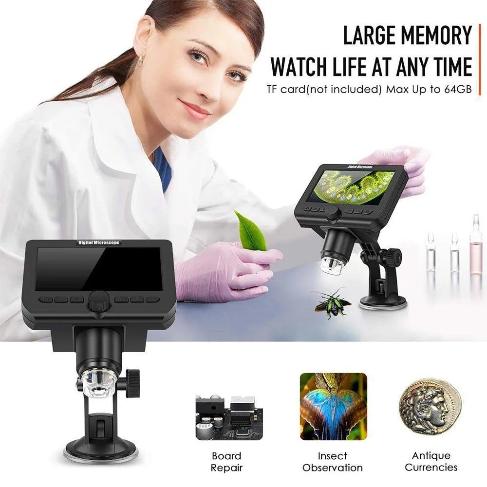 Portable LCD Display Digital Microscope Video Camera 4.3 HD OLED 3.6MP 1-600X Magnification 1080P-720P (Black)