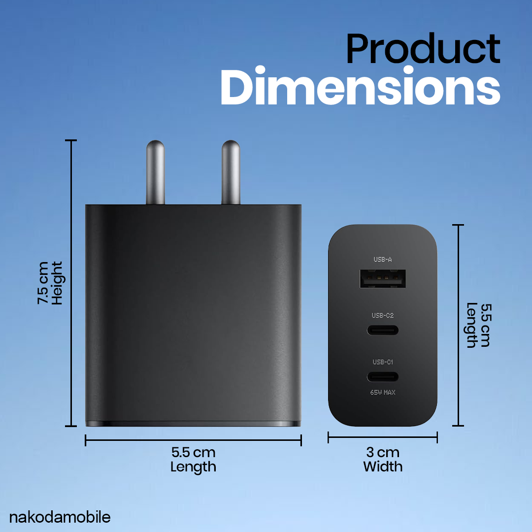 CH-305 | 65W GaN Charger 3 Port | 1 USB + 2 PD Superfast Laptop & Mobile Charger Wholesale