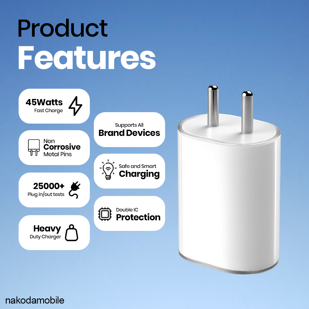 CH-306 | 45W PD Charger Single Port | Premium Glass-Finish Fast Charger Wholesale