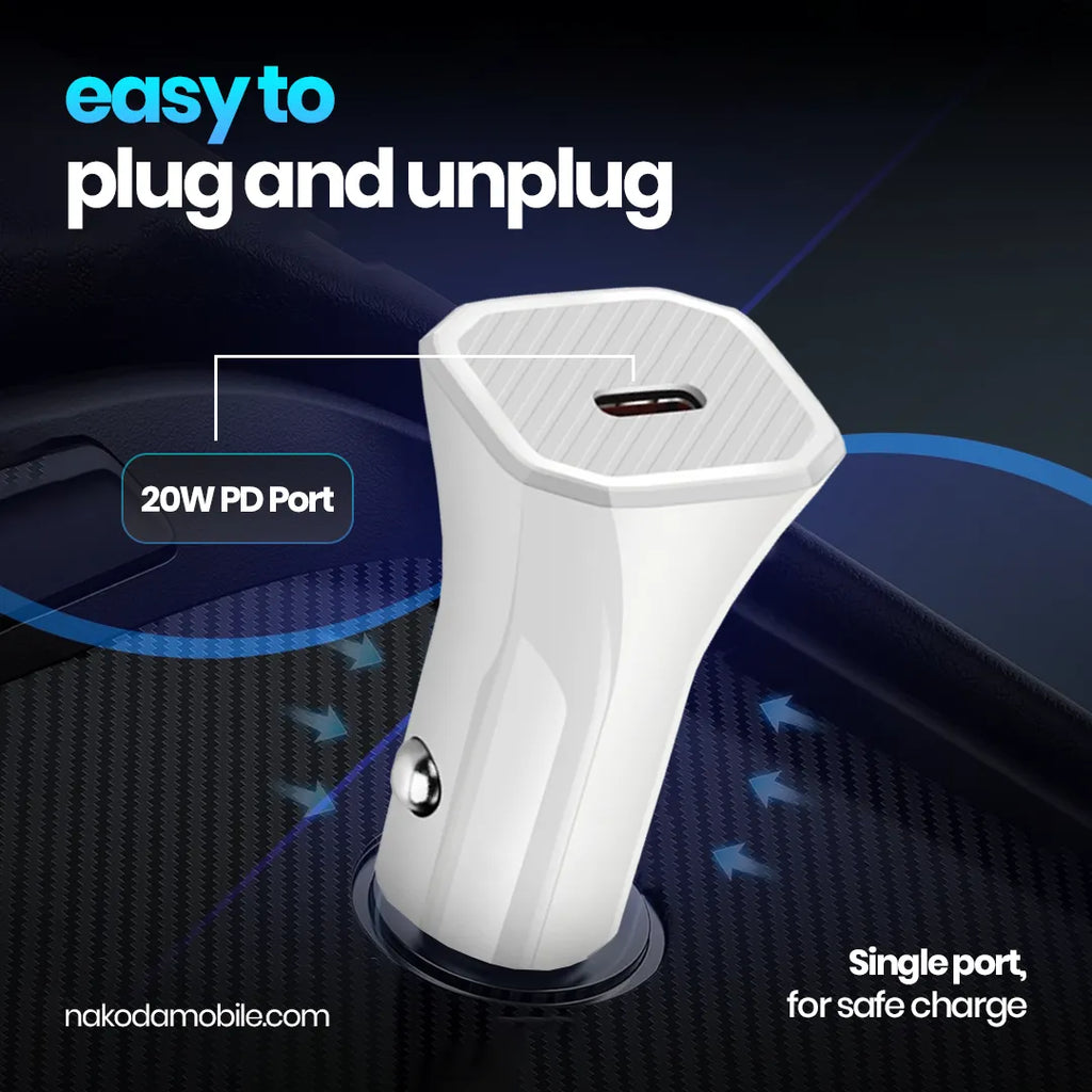 Nakoda CR-020- 20W Single Type-C- PD Fast Charging- Compact Car Charger