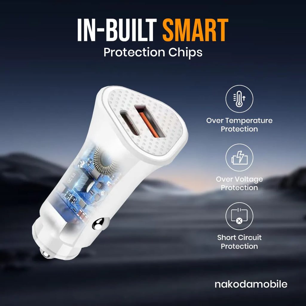 Nakoda CR-009- Dual USB + PD 30W- Fast Charging- Smart IC Car Charger