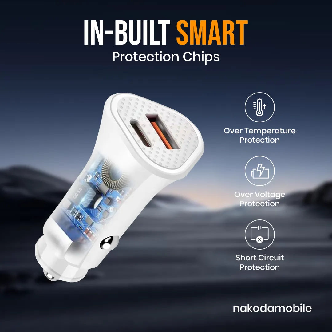 Nakoda CR-009- Dual USB + PD 30W- Fast Charging- Smart IC Car Charger