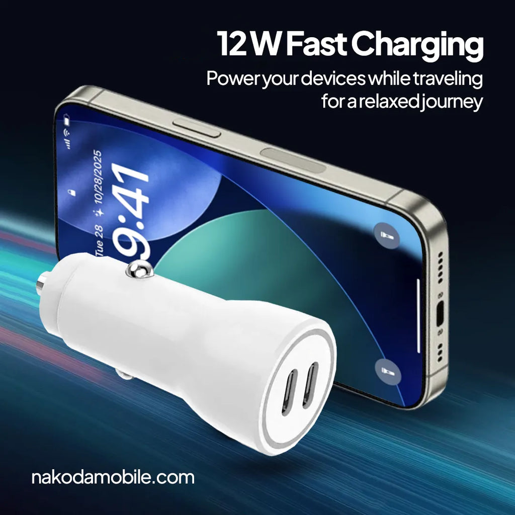 Nakoda CR-015- Dual Type-C 12W- Compact Fast Charging- Car Charger