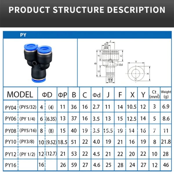 PY PW Pneumatic Quick Coupling Tee Reducing Y-type 8mm ( Pack of 2Pcs ) - Image 4
